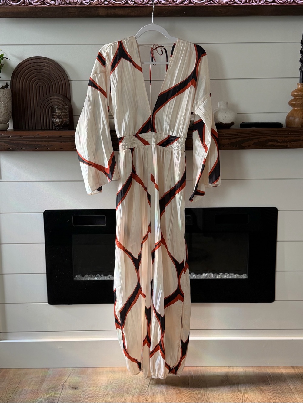 Misa Los Angeles Cream Jumpsuit with Rust and Black Geometric Stripes
